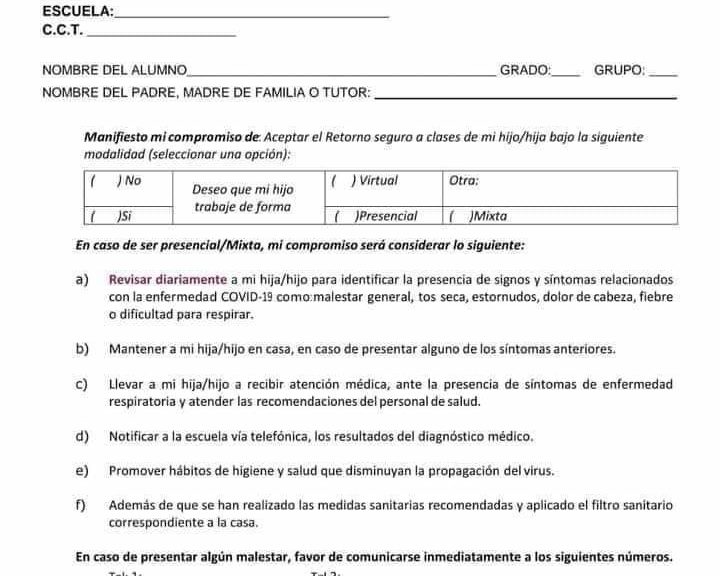 Padres de familia firmarán carta responsiva ante el regreso a clases